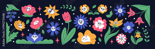 Abstract groovy flowers set. Retro funky wildflowers with happy, sad, angry and smiling faces. Funny blooming plants with different emotions and facial expressions. Flat isolated vector illustrations