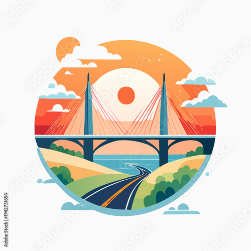 Scenic travel illustration a modern bridge spanning tranquil waters, a winding road through rolling hills, and a vibrant sunset sky encapsulated in a picturesque circular emblem