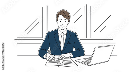 Business professional completing paperwork in modern office setting