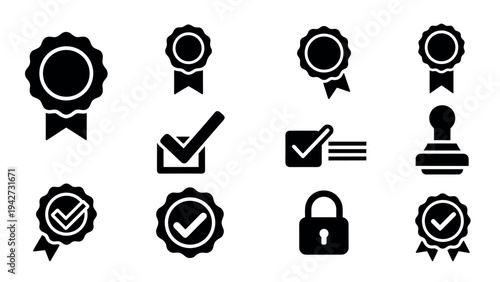 Silhouette icons: badges, checkmarks, and security symbols for achievements and approval