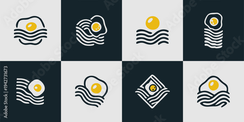 Icon Set Vector of 8 Fried Egg and Wave Abstract Logo Symbols