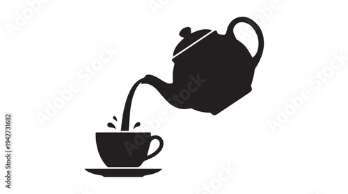 Black silhouette icon of a teapot pouring tea into a cup on a saucer