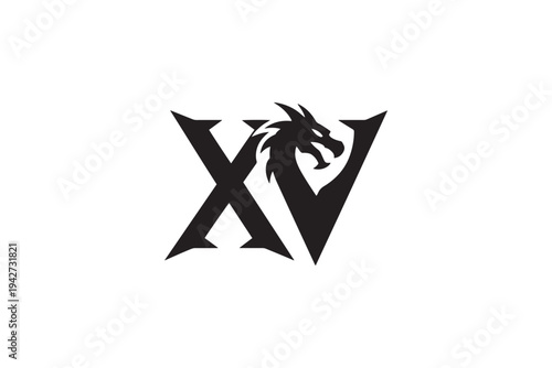 Distinctive xv roman numeral logo design featuring a fierce dragon head symbol