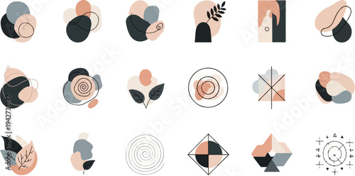 Abstract shapes and botanical elements in a muted color palette