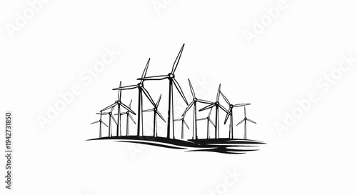 Artistic sketch of a wind farm with multiple turbines on a white background