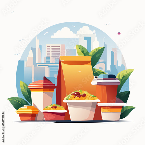 Enjoying delicious and convenient meals delivered in eco-friendly packaging amidst a vibrant cityscape