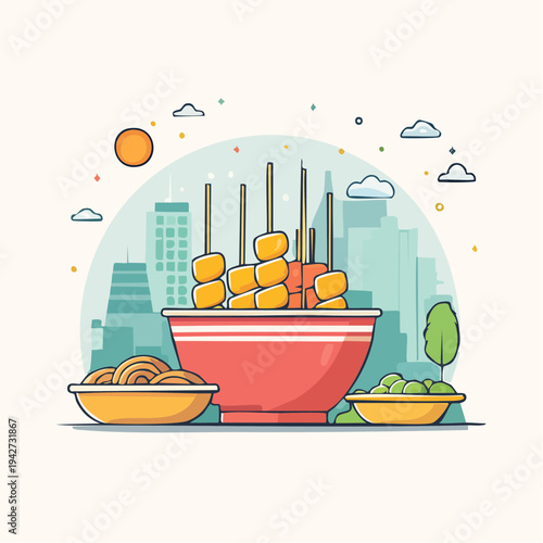 Vibrant Urban Food Experience Delicious Skewered Delights and Noodles in a Cityscape Setting