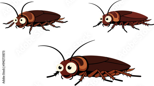 Cartoon Cockroach Vector Illustration Set with Three Different Poses, Featuring Brown Insects with Large Eyes and Antennae, Ideal for Pest Control or Humorous Design Projects