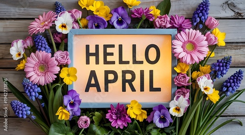 Hello April text on illuminated sign surrounded by colorful spring flowers and wooden background