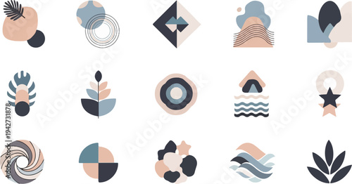 Abstract shapes and nature-inspired icons in a muted palette