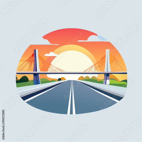 Modern suspension bridge crossing a highway at sunset with vibrant colors in the sky