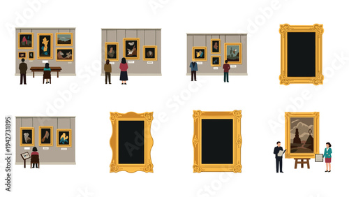 Art gallery visitors viewing framed classical paintings and blank frames