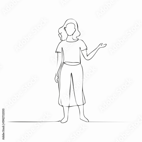 Single Line Drawing of a Woman in Casual Attire Gesturing with Her Hand