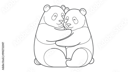 Panda Bear Embrace: A tender line drawing shows two panda bears in a warm embrace, symbolizing affection and camaraderie. 