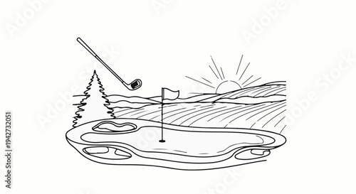Black and white illustration of a golf course with a flag, club, tree, and sun