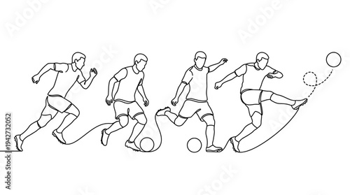 Continuous line drawing depicting a soccer player in motion dribbling and kicking the ball with dynamic energy