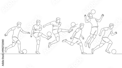 Dynamic continuous line art illustration depicting a male soccer player in various action poses, showcasing the agility, movement, and skill involved in a football match sequence