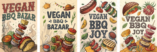 Vibrant vegan BBQ posters showcasing colorful grilled vegetables and mouthwatering dishes.