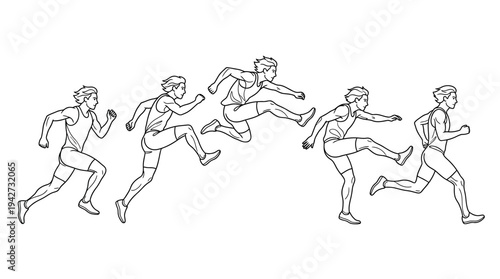 Dynamic continuous line art vector illustration showcasing a male track and field athlete in various stages of hurdling, depicting motion and athletic skill during a competitive event