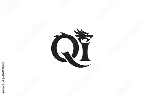 Dragon embraces the letter q in a stylized qi logo design