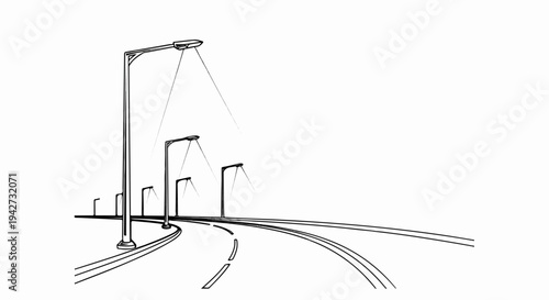 Artistic sketch of a winding road with streetlights illuminating the path
