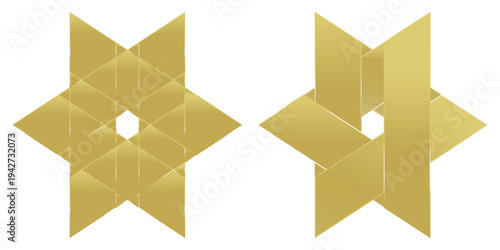 Abstract gold geometric star shape with metallic gradient isolated on white.