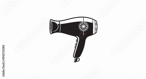 Black and white illustration of a handheld hair dryer on a white background