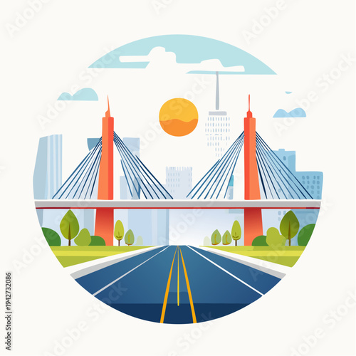 Modern Suspension Bridge Cityscape with Sun and Road Illustration