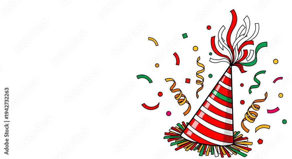 Fototapeta premium A colorful party hat isolated on transparent background with confetti and ribbons