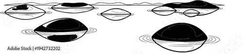 Abstract shapes resembling floating objects or stones on rippling water