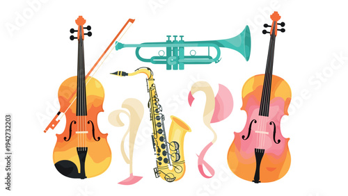 Colorful musical instruments collection: violin, trumpet, saxophone, cello in modern flat design