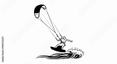 Black and white illustration of a person kiteboarding on a wave