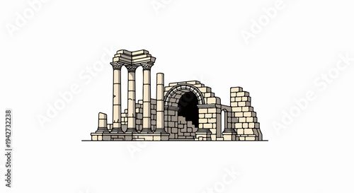 Ancient ruins of stone columns and archways on a plain background