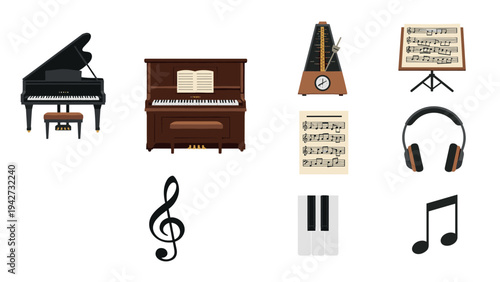 Musical instruments and symbols collection with piano and sheet music elements