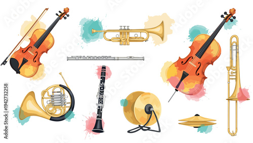 Colorful watercolor musical instruments: trumpet, violin, flute, and more