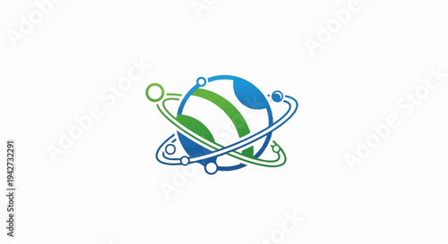 Abstract sphere with orbiting circles and green stripes