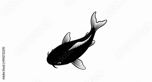 Black and white illustration of a single koi fish swimming