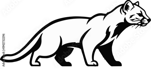 Black and white illustration of a sleek, long-bodied feline in motion