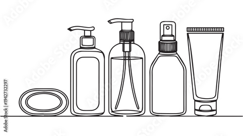 Simple outline illustration of toiletries including a bar of soap, lotion pump, spray bottle and cream tube