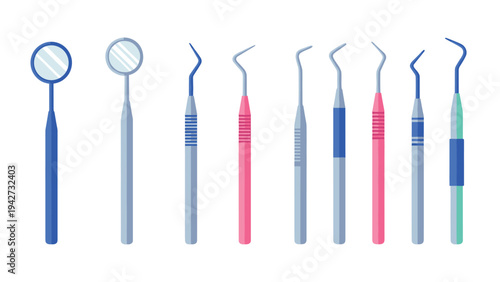 Dental tools collection on white background: mirror, probe, and pick set