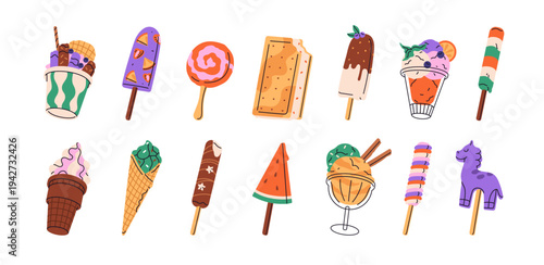 Different ice cream set. Vanilla and chocolate icecream, popsicle, sorbet in waffle cone, cup of gelato, sundae with fruit. Summer frozen desserts for kids. Flat isolated vector illustrations on white
