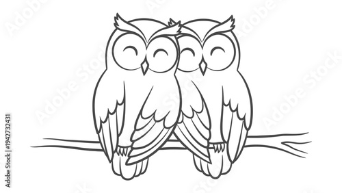 Loving Owls Duo: A tender illustration of two owls snuggled together on a branch. With serene eyes, they emanate affection and harmony.