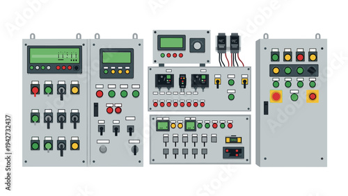 Industrial control panels with various buttons and switches in flat design