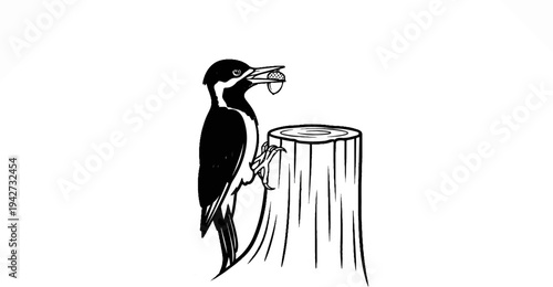 Black and white illustration of a woodpecker holding an acorn in its beak, perched on a tree stump