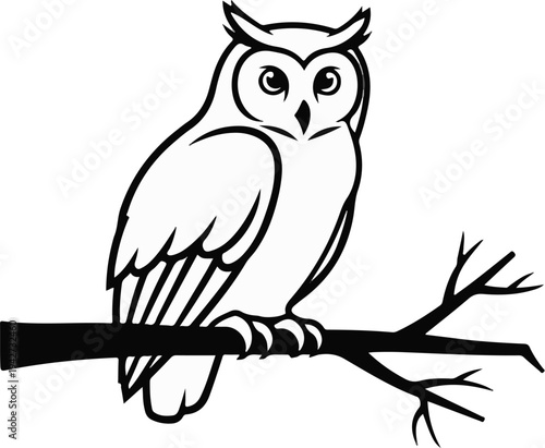 Black and white illustration of an owl perched on a branch