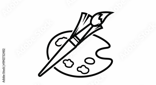 Artist's palette with brush and paint splatters, black outline graphic