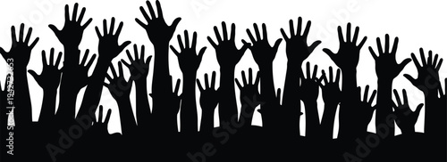 Silhouette crowd raising hands protest celebration audience voting support unity freedom concept black raised hands social movement illustration vector background
