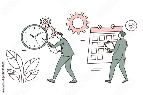 Professional business team managing time and tasks with gears,
Professional Human Resources Illustration.
clock, calendar, and checklist. 
Concept of effective planning, productivity, 
Efficiency at w