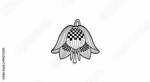 Black and white line art of a bell-shaped flower with checkered patterns