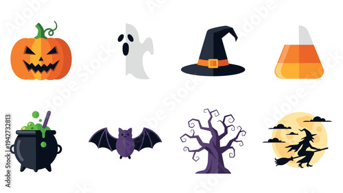 Halloween icons: pumpkin, ghost, witch hat, candy, cauldron, bat, spooky tree, flying witch